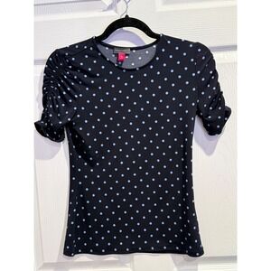 Vince Camuto Polka‎ Dot Ruched Sleeve Top Black Light Blue Womens XS